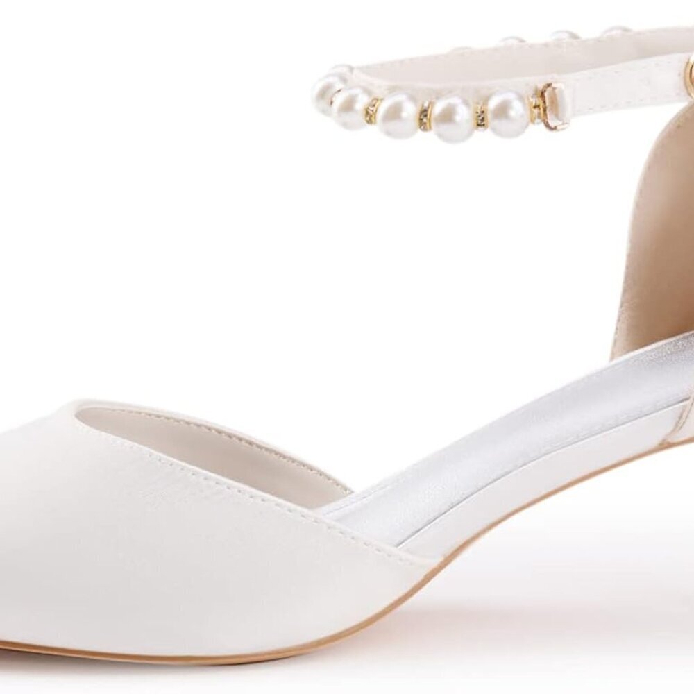 Women's Satin Pearl Ankle Strap Pumps Low Kitten Heel Dress Shoes - Picture 3 of 5